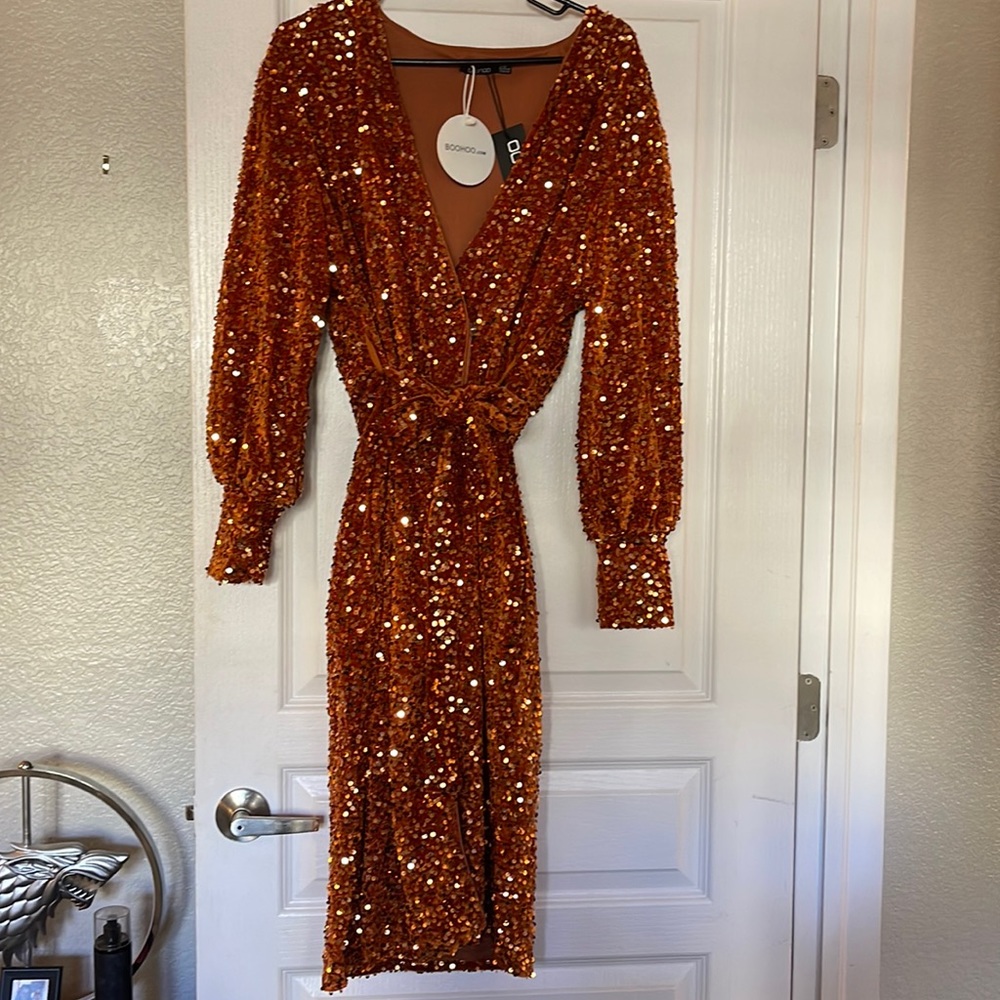 Burnt orange velvet sequin dress
